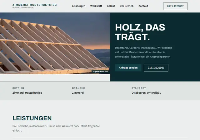 Startseite der Demo Zimmerei-Musterbetrieb, Zimmerei und Holzbau